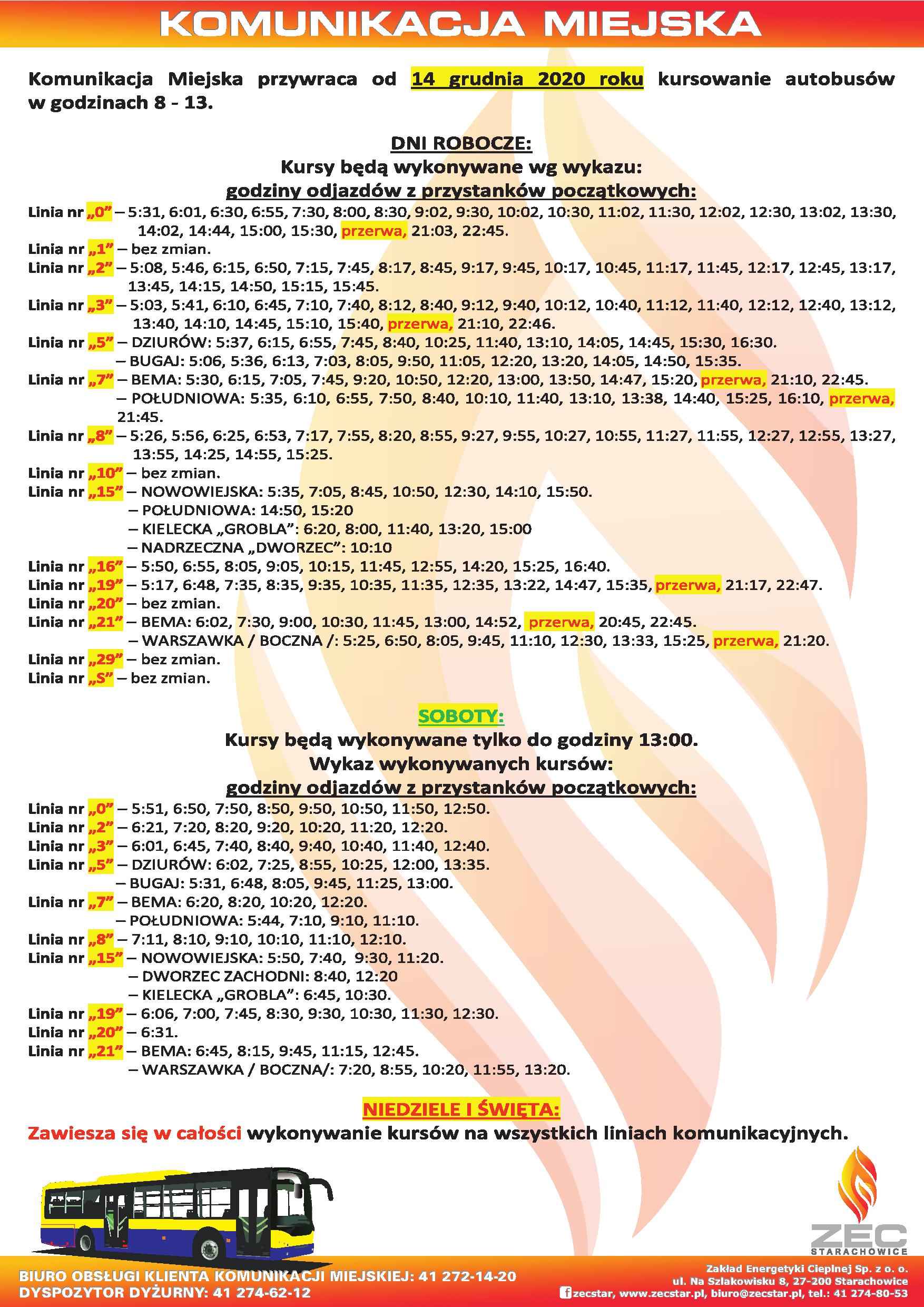 Komunikacja Miejska przywraca od 14 grudnia 2020 roku